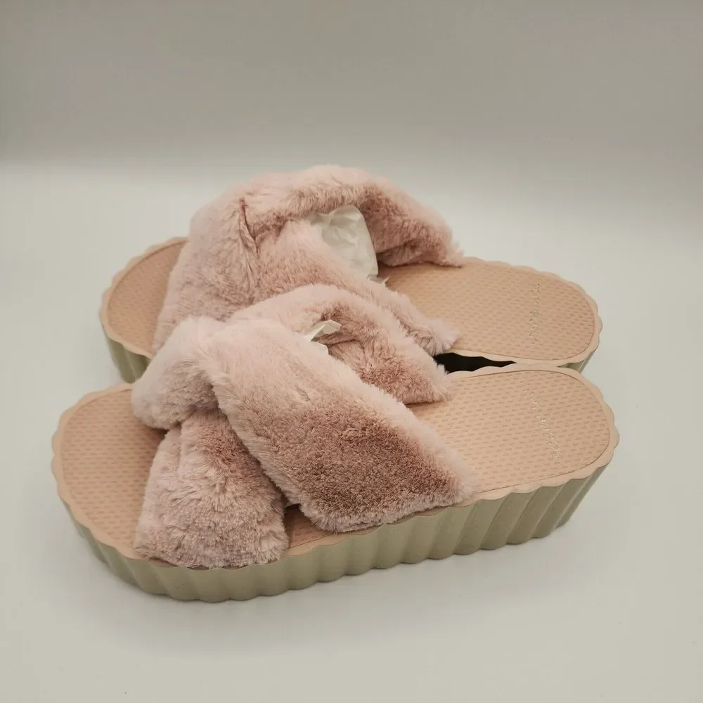 Tory Burch Faux Fur Scallop Wedge Slide Sandal‎ Sea Shell Pink Size 10 $168